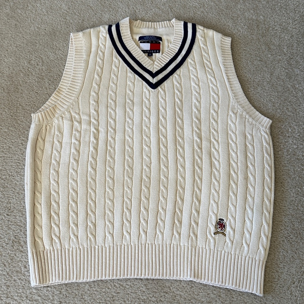 Sporty Men's Golf Tommy Hilfiger Cream & Navy Blue Cable Knit Sweater Vest Sz M